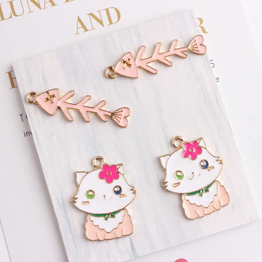 

10PCS Flower Cat Fish Bone Enamel Charm DIY Fashion Handmade Jewelry Making Pendant for Bracelet Necklace Keychains Earrings