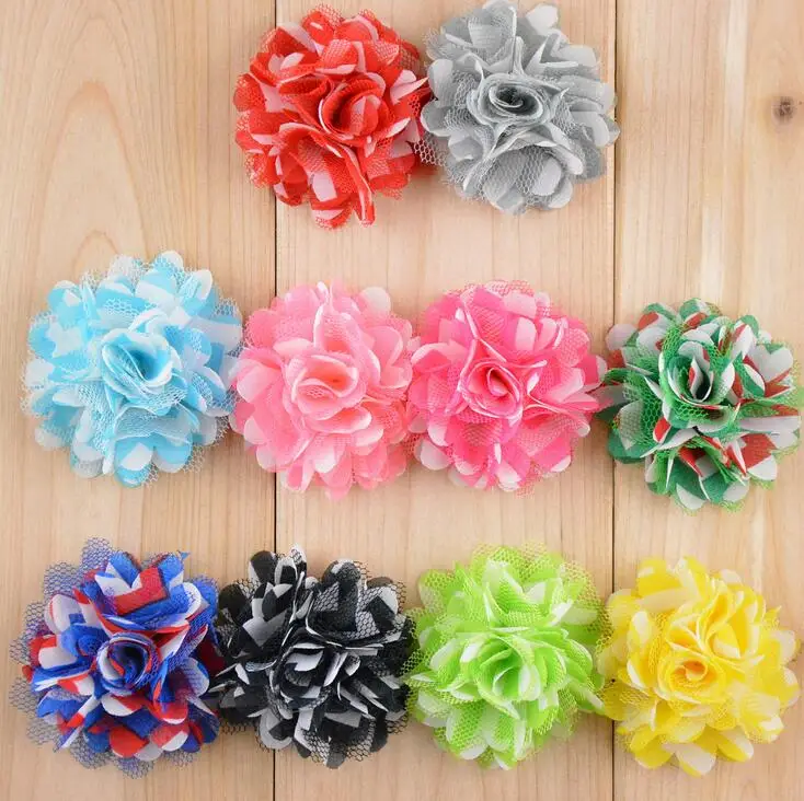 

120pcs/lot 2" 10colors Vintage Artificial Chic Fabric Flowers For Baby Headbands Mini Handmade Girls Striped Hair Mesh Flowers