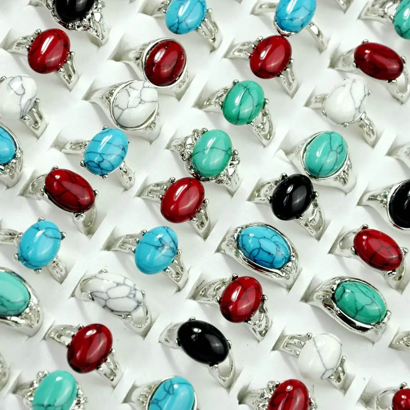 

15Pcs Women Ring Mixed Turquoises Stone Women's Ring Lot female anel Jewelry Wholesale LR4056