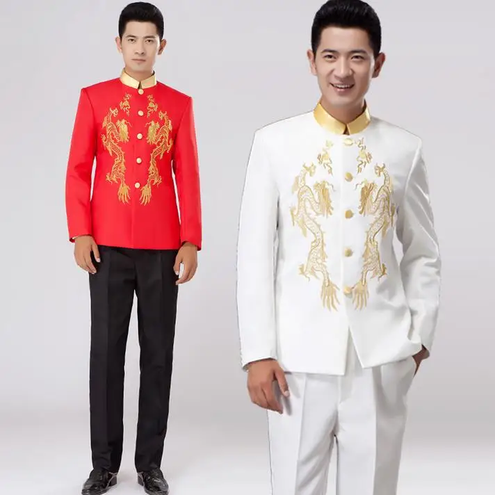 White red stand collar embroidery chinese tunic suit set men suit latest coat pant designs mens suits with pants wedding groom