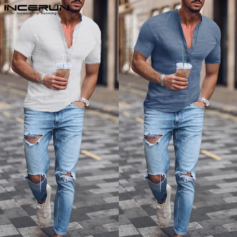 

INCERUN Summer Fashion Men Shirt Cotton Henley Collar Streetwear 2021 Short Sleeve Slim Fit Social Business Shirt Men Camisa 5XL