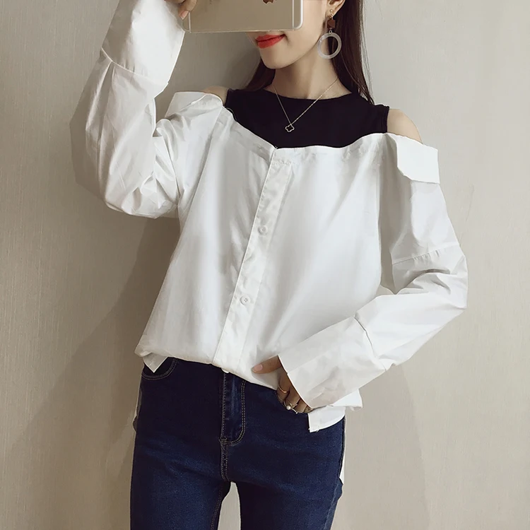 luxury brand designer spring autumn style blouse women Sexy white blouses lady shirts Fake two-piece off shoulder top blusas |