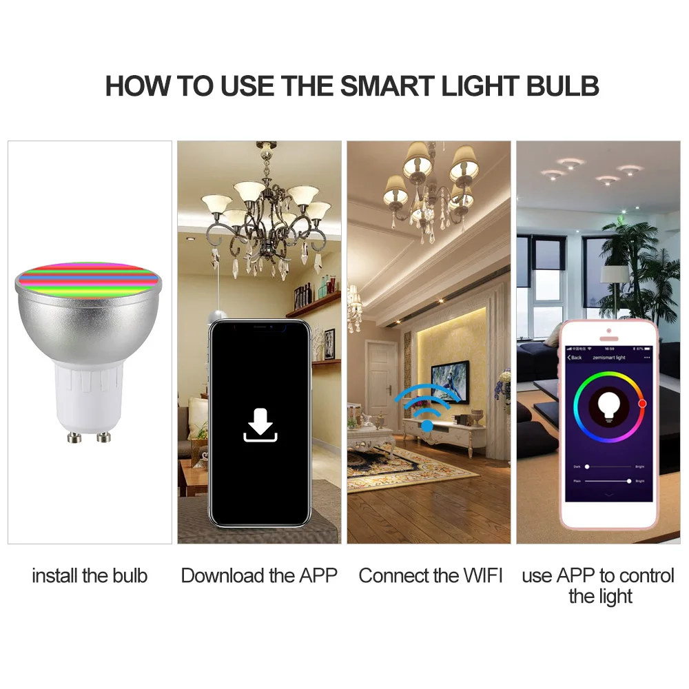 

LED Bulb 16 Million Colors GU10 Base LED Lamp AC85-265V 6W 4PCS RGBW WIFI Connected Intelligent Light Bulbs KTV Home Party Deco