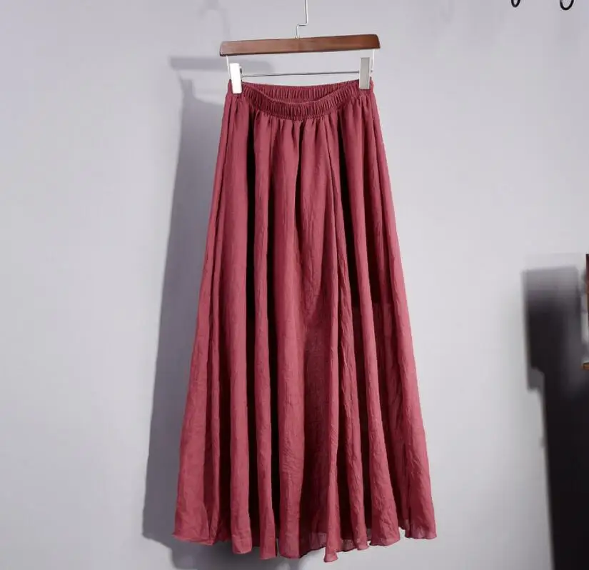 wine red Женские Элегантные 16 цветов, высокая талия, эластичная талия, льняные гофрированные длинные юбки, женская тонкая повседневная юбка, Saias, новинка, лето, SK05 - Цвет: wine red