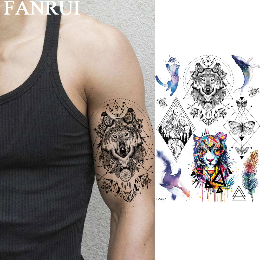 

FANRUI Geometric Wolf Diamond Triangle Fish Temporary Tattoos Sticker Star Planets Tattoo Body Art Arm Custom Tatoos For Men