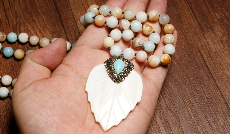 MOON GIRL 8MM Amazonite Stone Handmade Leaf Shape Necklaces Pendants Ethnic Unique Statement Vintage Necklace for Women Collares