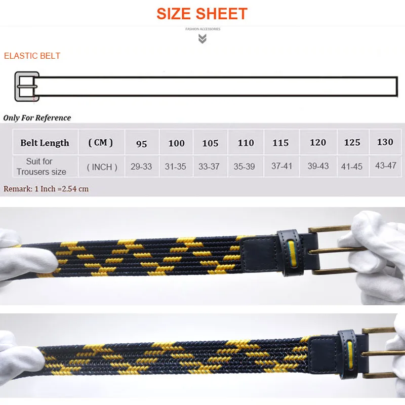 

Fashion Men Stretch Belt With Braided Style Antique Brass Buckle Yellow And Navy Color Strap Elastic Male Belts