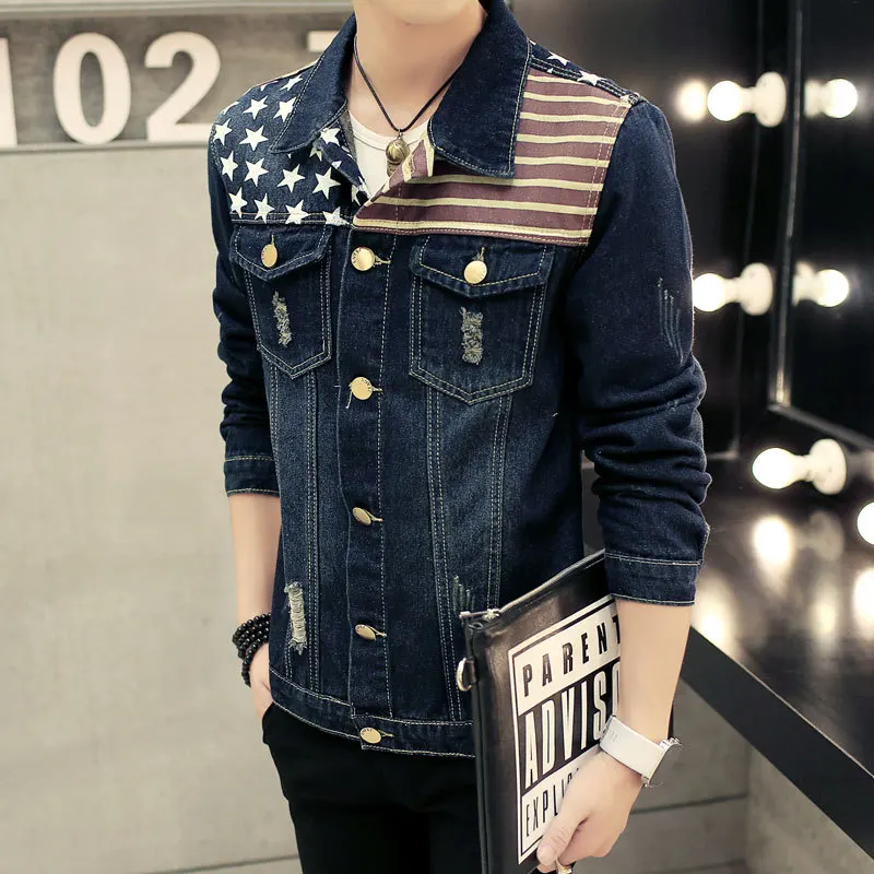 2017 мужские джинсовые куртки с рисунком флага Дизайн бренд Повседневное