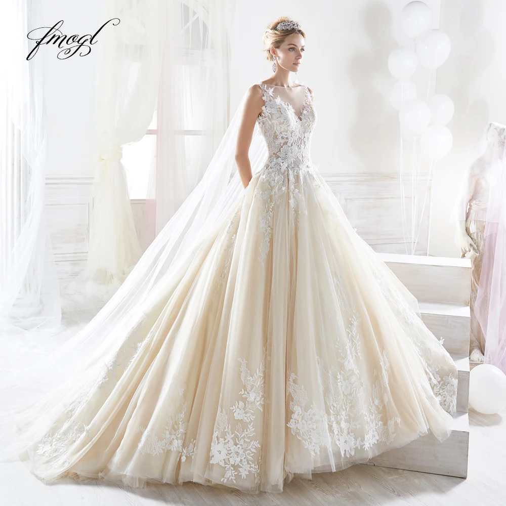 Fmogl Vestido De Noiva кружевное свадебное платье принцессы Элегантные аппликации цветной бисер пуговицы Винтаж линии свадебное платье