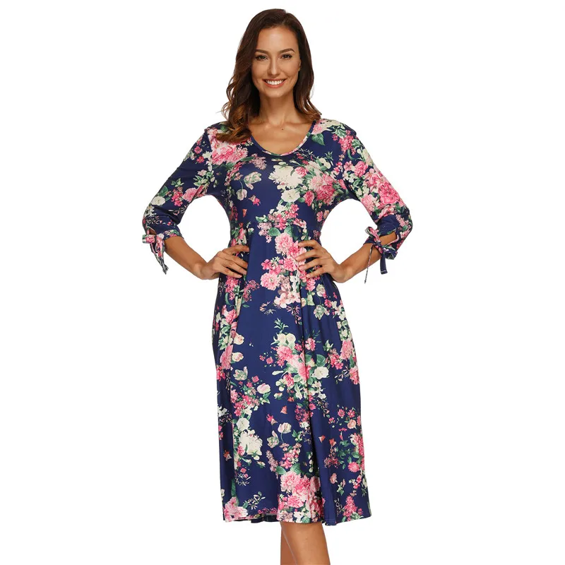 Autumn winter Seven-quarter sleeve Floral Print Boho Beach Dress Maxi Women Evening Party Sundress Vestidos de festa | Женская одежда