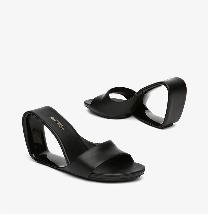 

Size38 Black Leather Women Slippers 8cm Summer Fretwork Wedge High Heels Slides