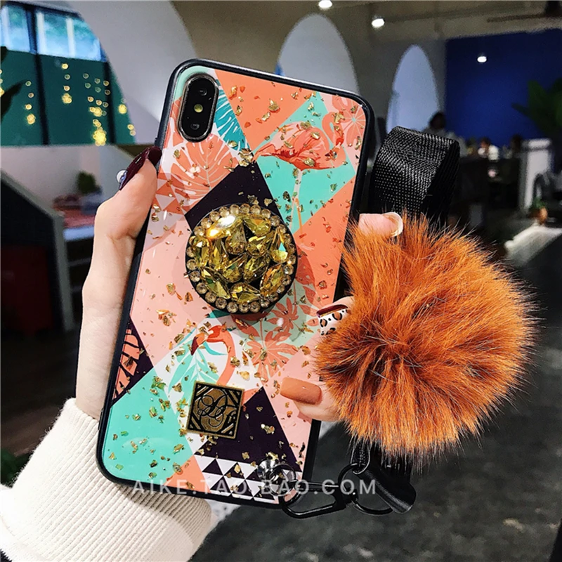 Роскошный милый цветной Розовый фламинго блеск Hairball 3D Алмазный кронштейн милый силиконовый чехол для iPhone X XR XS MAX 7 8 plus 6S