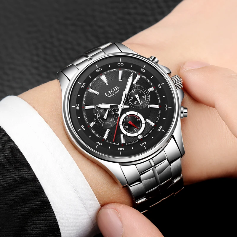 Роскошные брендовые LIGE Модные Бизнес Кварцевые часы мужские серебряные стальные