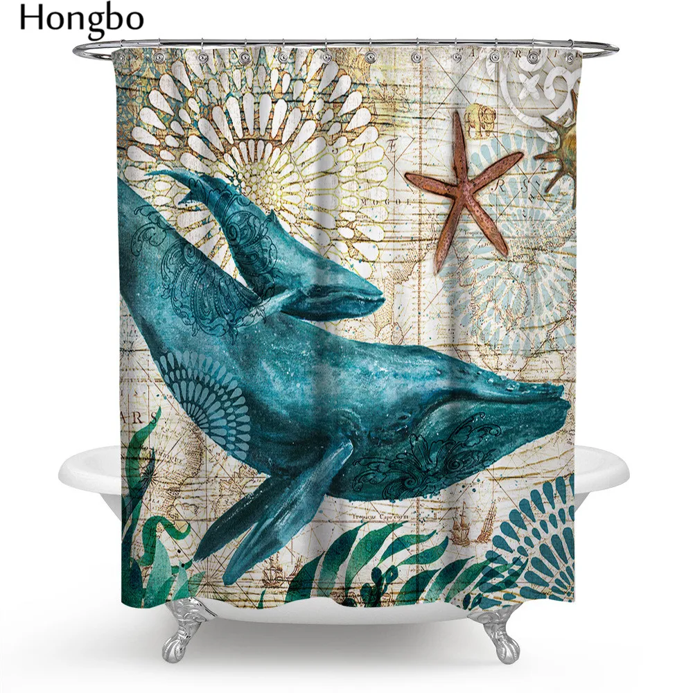 

Hongbo 1 Set Marine Polyester Waterproof Shower Curtain Seahorse Turtle 12Pcs Hooks Mildew Resistant Bath Curtain Home Bathroom