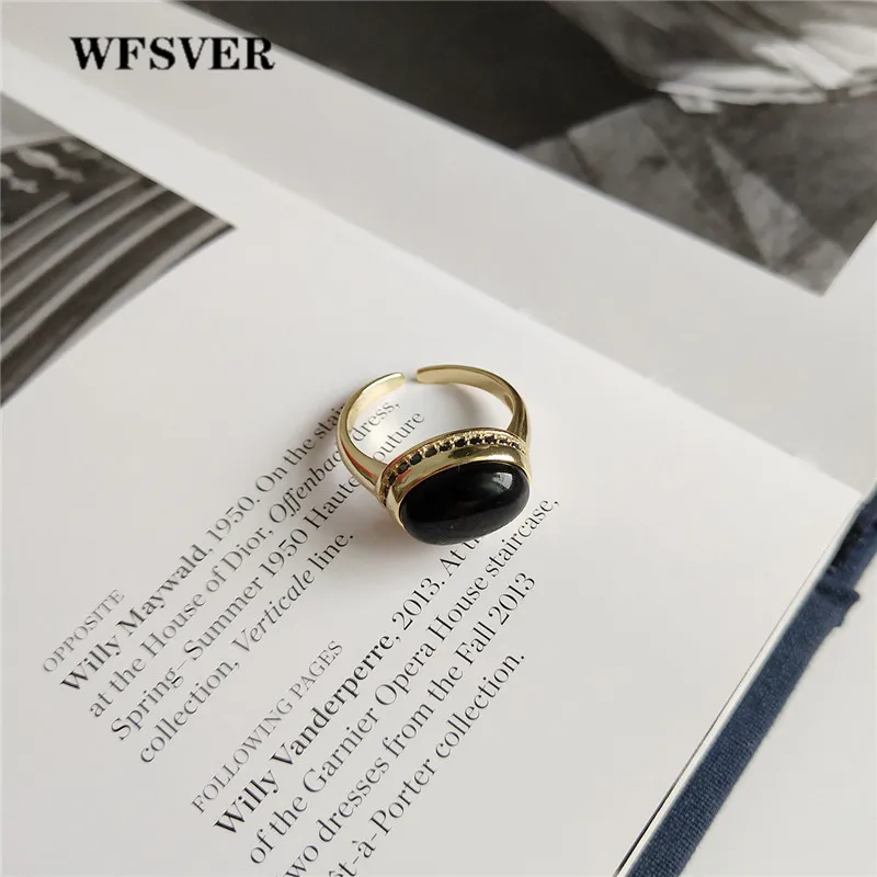 WFSVER корейский стиль кольцо из стерлингового серебра 925 для женщин золотого цвета с Винтажное черным агатом