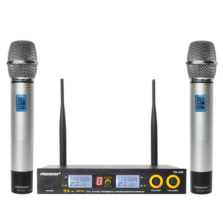 silver FB-U09 двухсторонний цифровой UHF беспроводной микрофон с 2 металлическими ручками, динамическая капсула, беспроводной микрофон для караоке - Цвет: silver