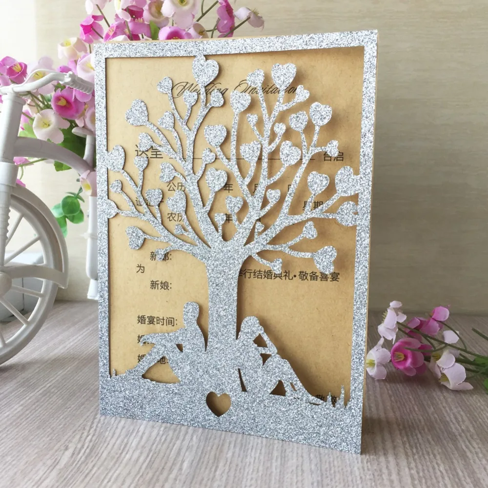 

100pcs glitter Rose gold Silver Romantic Elegant Tree Couple wedding decoration invitaiton place cards invitation greeting card