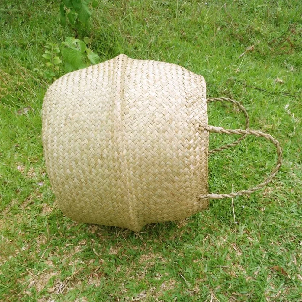 Household Foldable Natural Seagrass Woven Storage Pot Garden Flower Vase Hanging Basket With Handle Bellied | Дом и сад