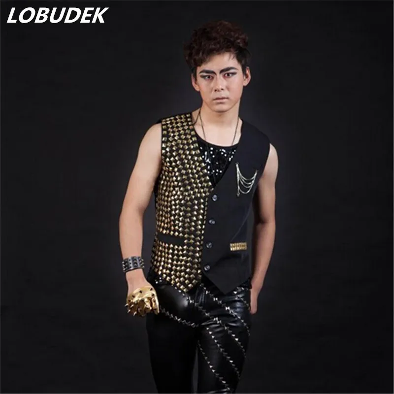 

2016 fashion men vest male costume ds personality slim rivet paillette vest for singer dancer star stage performance nightclub