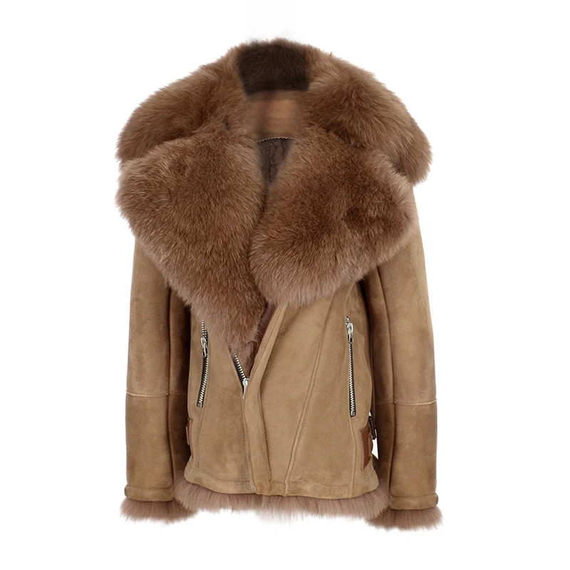 CAMEL Rf0263 Авиатор, модный натуральный Лисий мех, натуральная кожа, настоящий меринос, женское супер толстое натуральное меховое пальто, овечий мех, куртка из овчины - Цвет: CAMEL