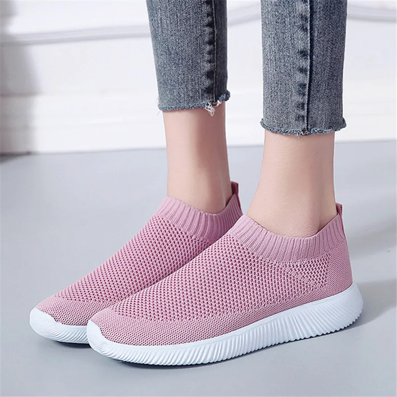 

plus size breathable air mesh sneakers women 2023 spring summer slip on platform knitting flats soft walking shoes woman