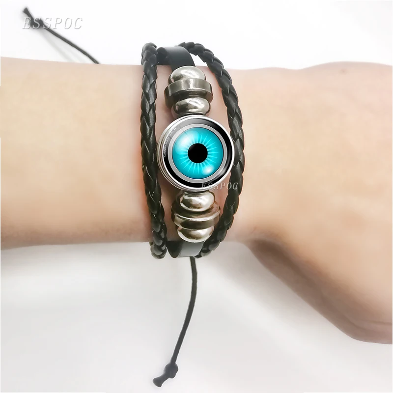 Винтажный зловещий черный плетеный кожаный браслет с глазами DIY стеклянный