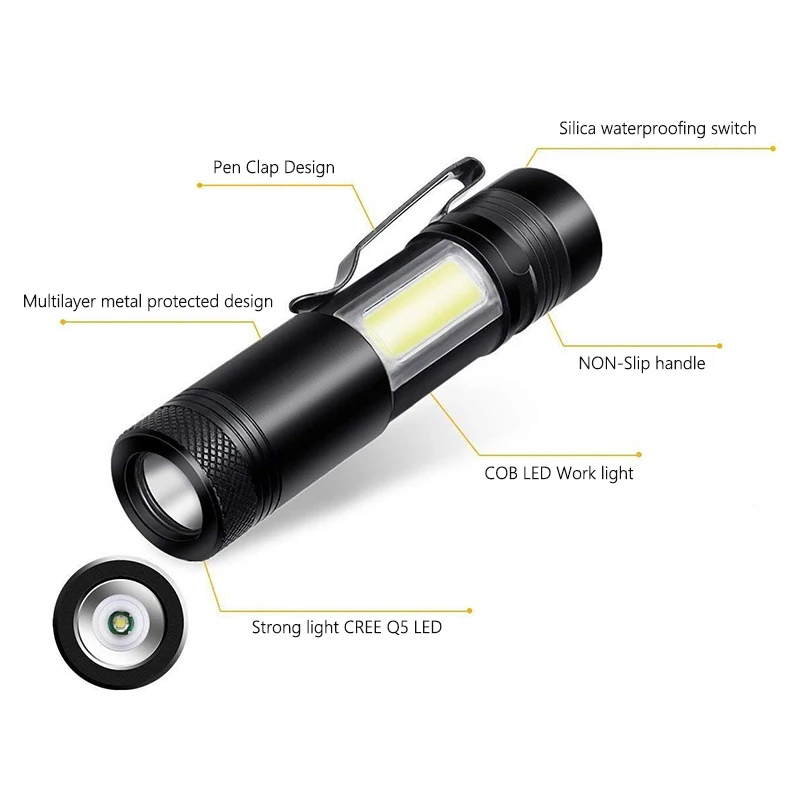 2000LM Mini Portable LED Flashlight Q5&ampCOB Work Light lantern Powerful Pen Torch 4 Modes Waterproof Lamp AA battery power | Лампы и