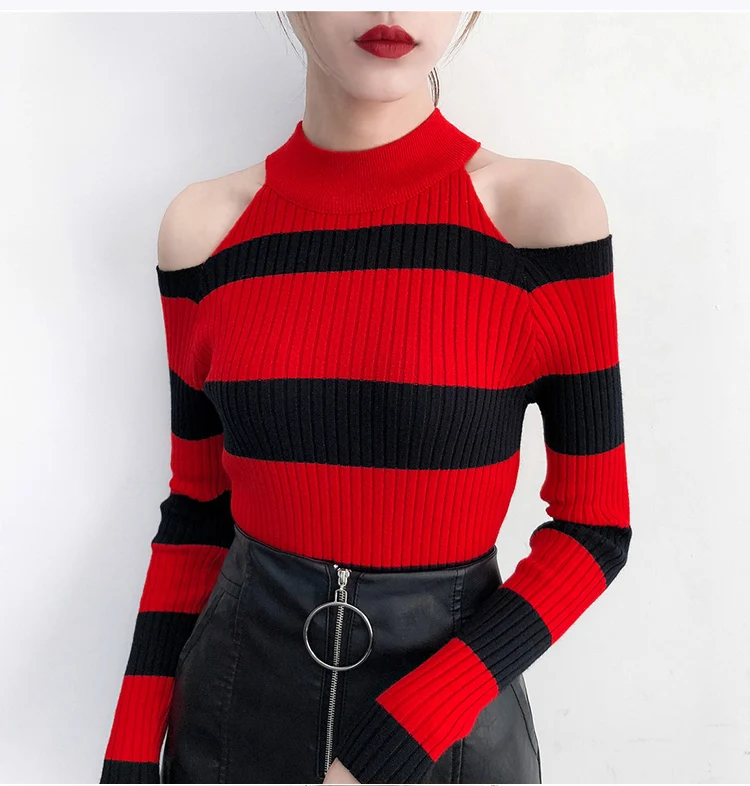 Sueter Mujer,, водолазка, сексуальный, с открытыми плечами, свитера, пуловеры, Pull Femme, длинный рукав, свитер в полоску, женская зимняя одежда
