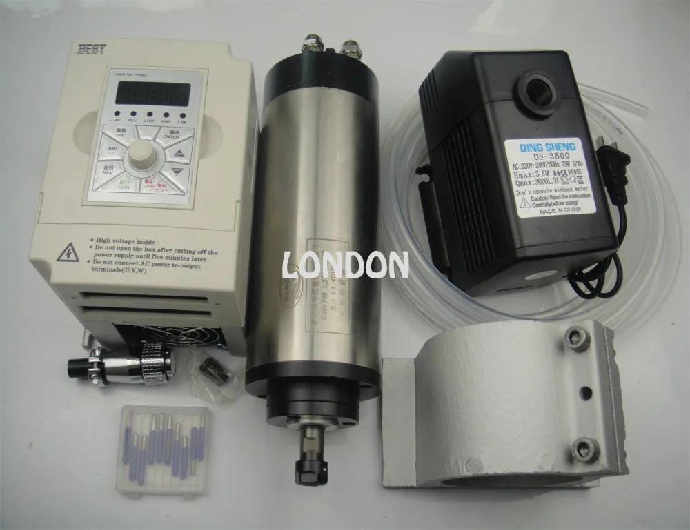 

Шпиндель с водным охлаждением, 1,5 кВт, 220 В, набор er11, фрезерный шпиндель, мотор + 1,5 кВт, VFD + 80 мм зажим + водяной насос и труба + Фрезы с ЧПУ