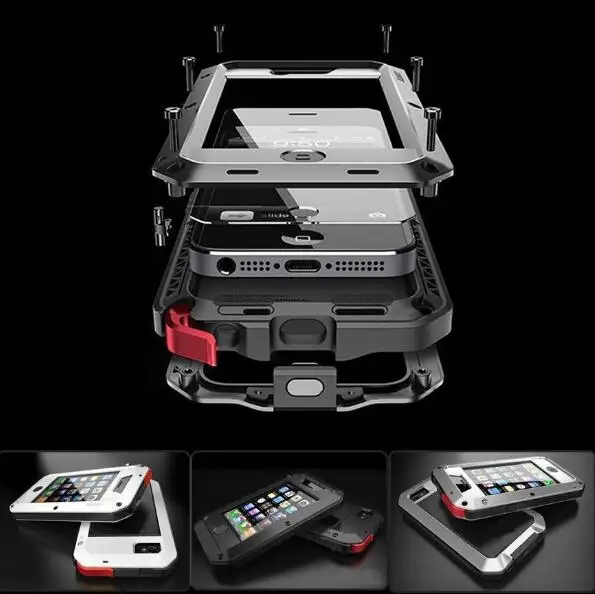 New doom armor Dirt Shock Waterproof 4proof Metal Aluminum cell phone case For iphone 4 4s 5 5c 5s SE 6 Plus With Tempered glass |