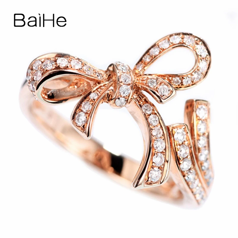 BAIHE, 14 K, розовое золото, около 0.22ct H/SI, Круглый, натуральные бриллианты, обручальное кольцо, обручальное кольцо, модное, с бантом, подарочное кольцо