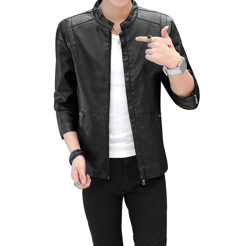 

2020 men's PU leather leisure youth cultivate one's morality collar leather jacket
