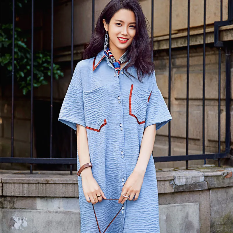 Летняя Повседневная голубая женская блузка модная Свободная рубашка с коротким