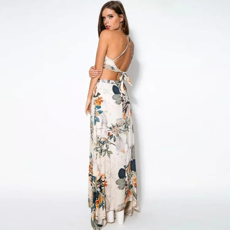 Newest Summer Women Dress 2 Pcs Set Crop Tops Bodycon+Long Maxi Skirt Party Floral Print Beach Dresses Vestidos