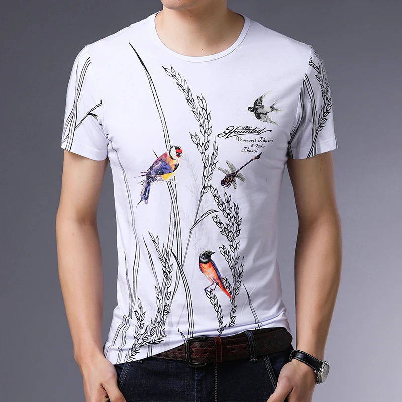 

High quality male summer fashion printing cotton t shirt men's short sleeve floral printed pure cotton t shirt free shipping