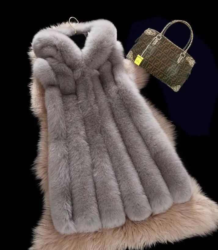 

winter Thick Warm Faux fox fur Vest with fox fur Trim Hood Coat Outerwear Women Fur Vest Jacket long Parka 3XL