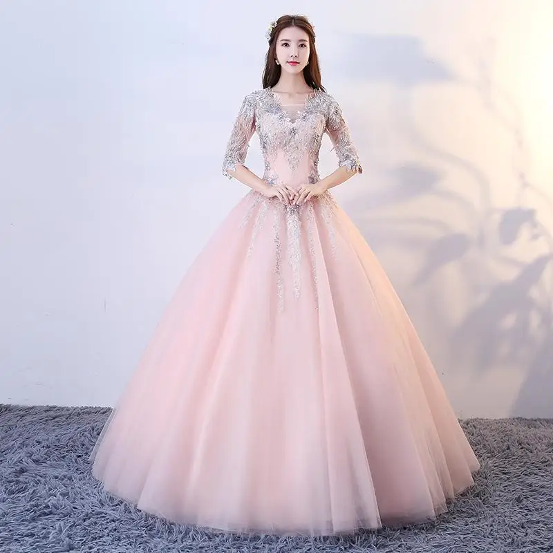Розовое Бальное Платье с коротким рукавом и аппликацией из бисера Vestido Debutante с длинным рукавом 16 платьев Vestidos De 15 - Цвет: Розовый