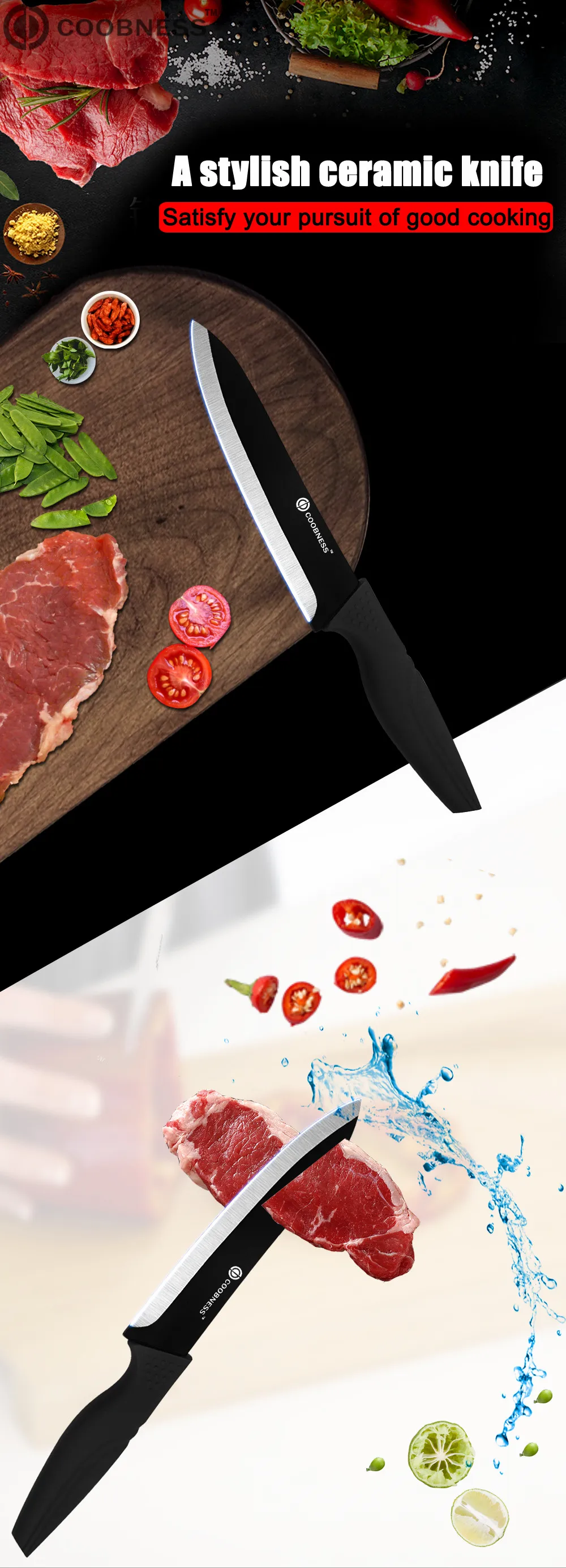 COOBNESS фирменный кухонный нож из 2 предметов и острый нож, японский керамический нож с черным цирконием, кухонный нож " 4" " 6", керамический нож