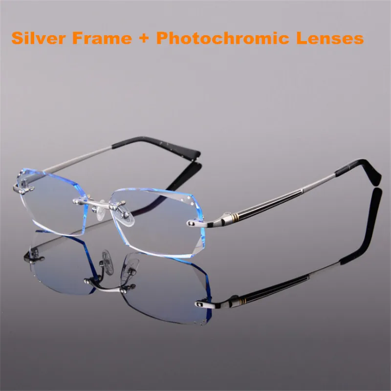 Silver Photochromic Титановые очки мужские без оправы по рецепту для чтения близорукость фотохромные бифокальные очки большие широкие очки с цветными линзами 2851 - Цвет оправы: Silver Photochromic