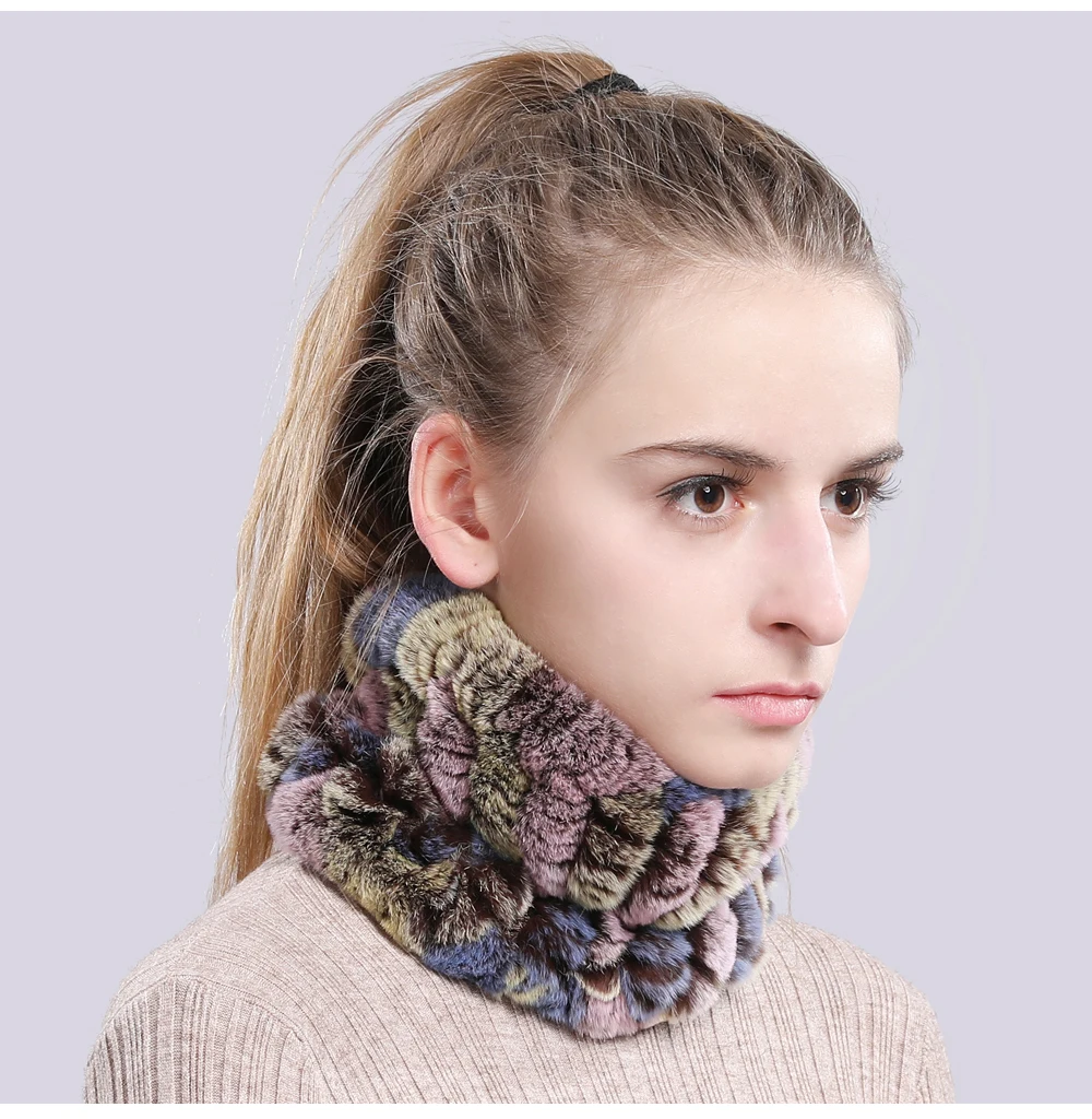 Women Real Fur Handmade Stretch Fur Scarf Knit Genuine Rex Rabbit Fur Headbands Girls Natural Fur Ring Cowl Snood Scarves Winter