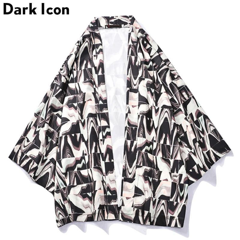 Темный логотип с геометрическим принтом кимоно для мужчин три четверти рукав