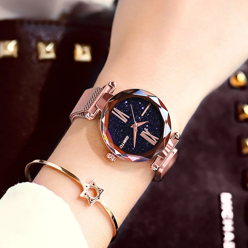 Часы женские Кварцевые водонепроницаемые под розовое золото с браслетом |