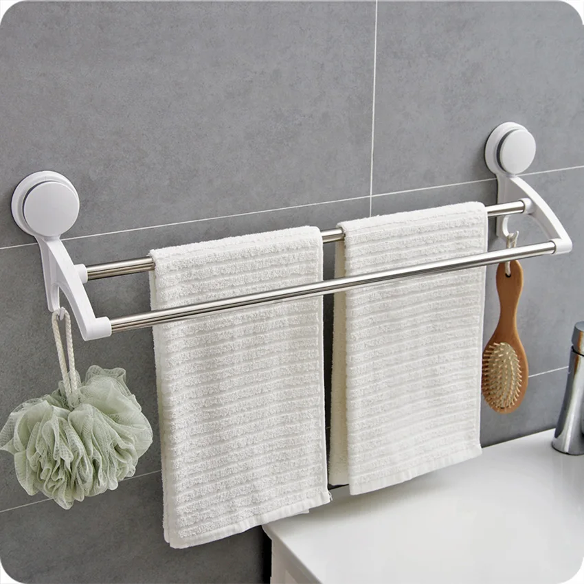 Buy Dual-layer Rail Shelf Suction Towel Rack Stainless Steel Wall Mount Bathroom Holder Kitchen Accessories on