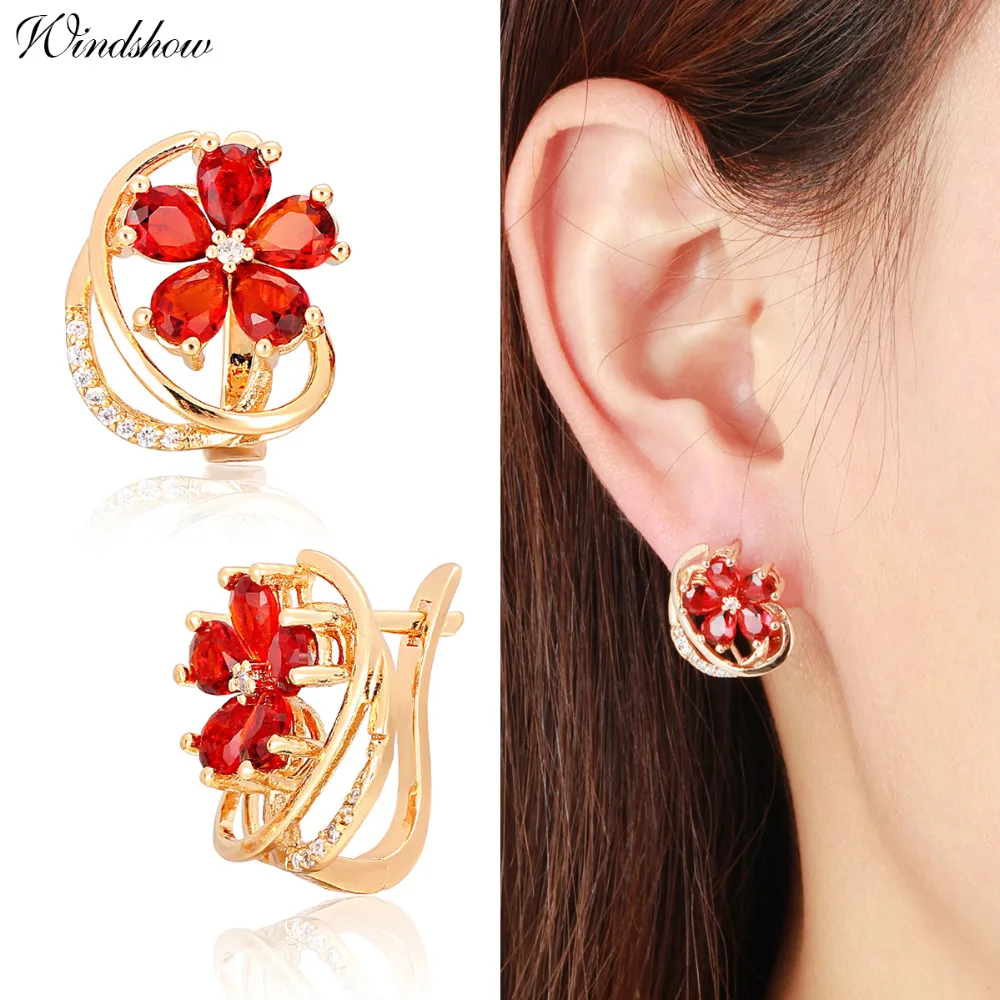 4Colors Five Petal Flower Paved Pear CZ Crystals Huggies Small Hoops Earrings for Women Yellow Gold Color Jewelry 2016 New|earring and necklace