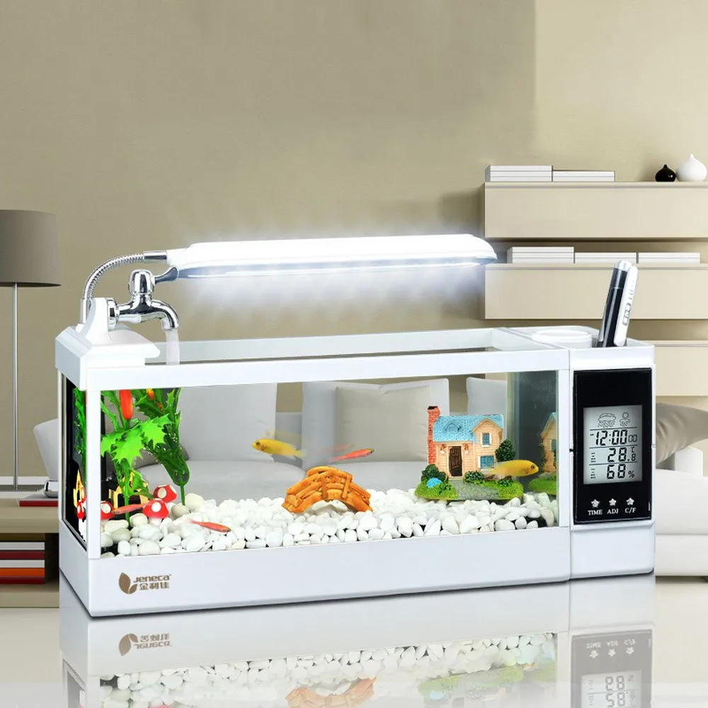 Мини-аквариум для рыб с USB 220 В светодиодный светильник ЖК-дисплей часы настольный