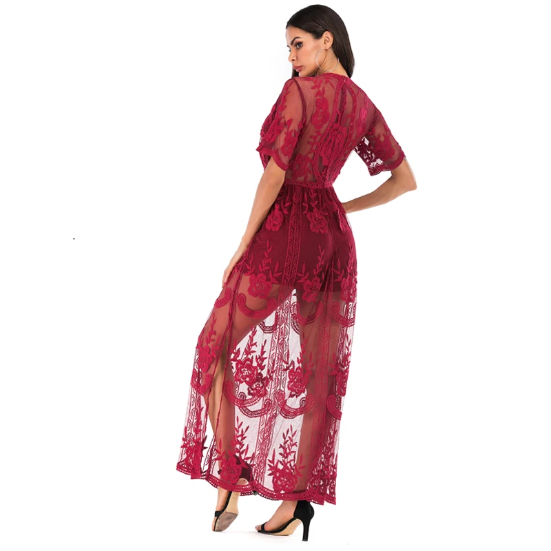 SESOAF Women Sexy Short Sleeve Long Dress Deep V-Neck Lace Romper Hot Selling On Amazon Maxi Party Wedding Vestido | Женская одежда