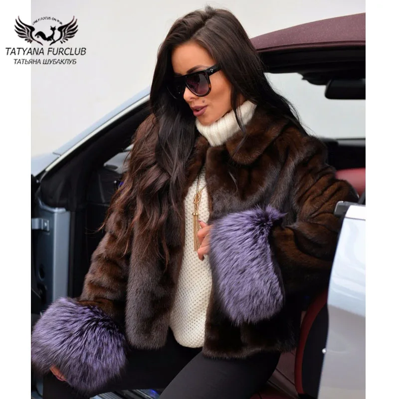 

Fashion Dark Brown Mink Fur Jackets Natural Women Genuine Full Pelt Mink Fur Coat With Fox Fur Sleeve Cuffs Luxury Overcoats