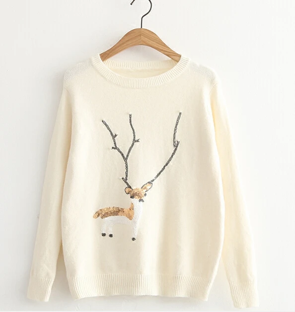 2016 Spring new harajuku women's casual long sleeve o-neck cute deer embroidery sequins beading decorate loose Pullover sweaters | Женская