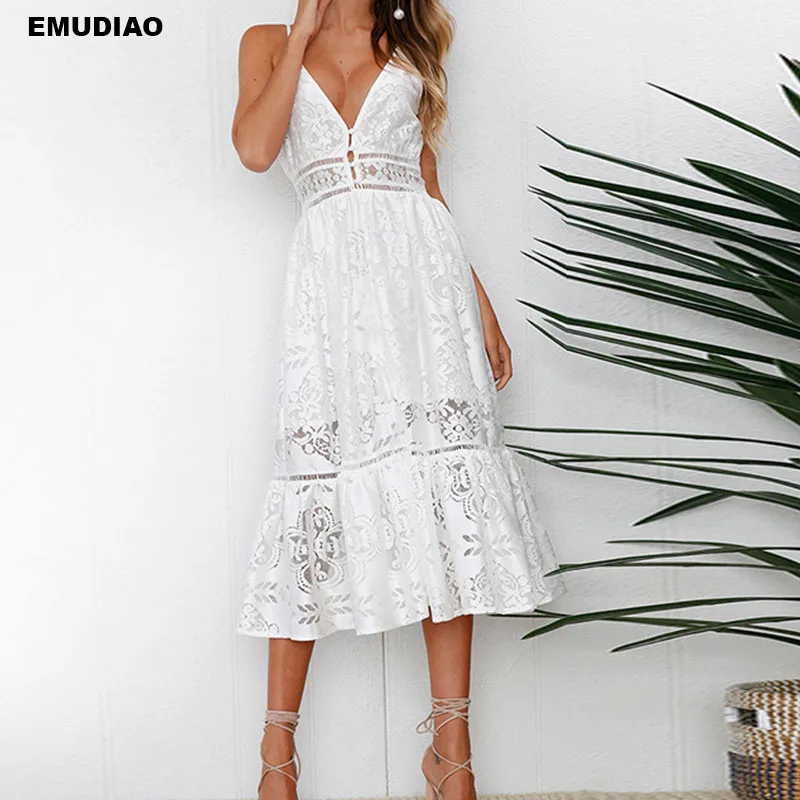 Sexy Lace Spaghetti Strap White Dress Women Elegant Summer Fashion V-Neck Sleeveless Evening Party | Женская одежда