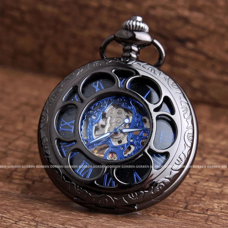 Retro Black Flower Hollow Mechanical Pocket Watch For Mens Steel Steampunk Unique Womens Mens FOB Chain Pocket Watches Gifts Box